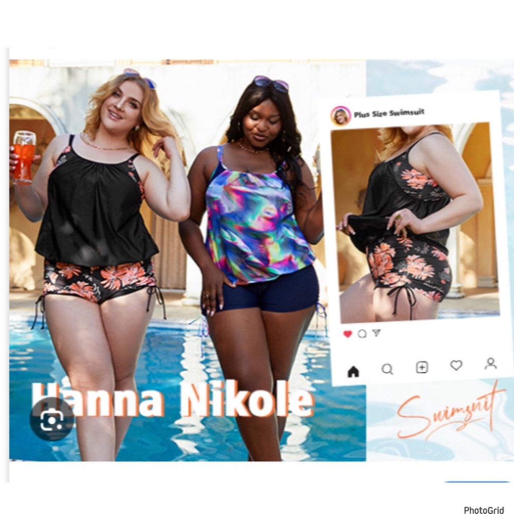 Hanna Nikole 20W floral black plus size swim shorts NWOT (free xl swim top)